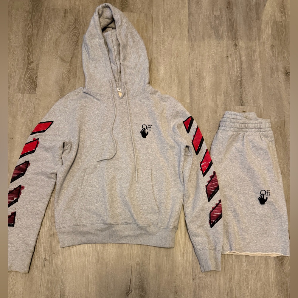 Off-White Marker Slim Gray Hoodie and Shorts Set with Red Accents Sz Small